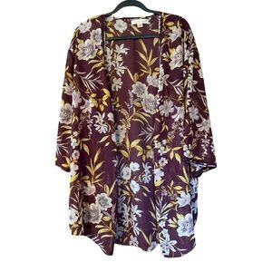Wine Floral Crochet Trim Open Front Kimono M/L